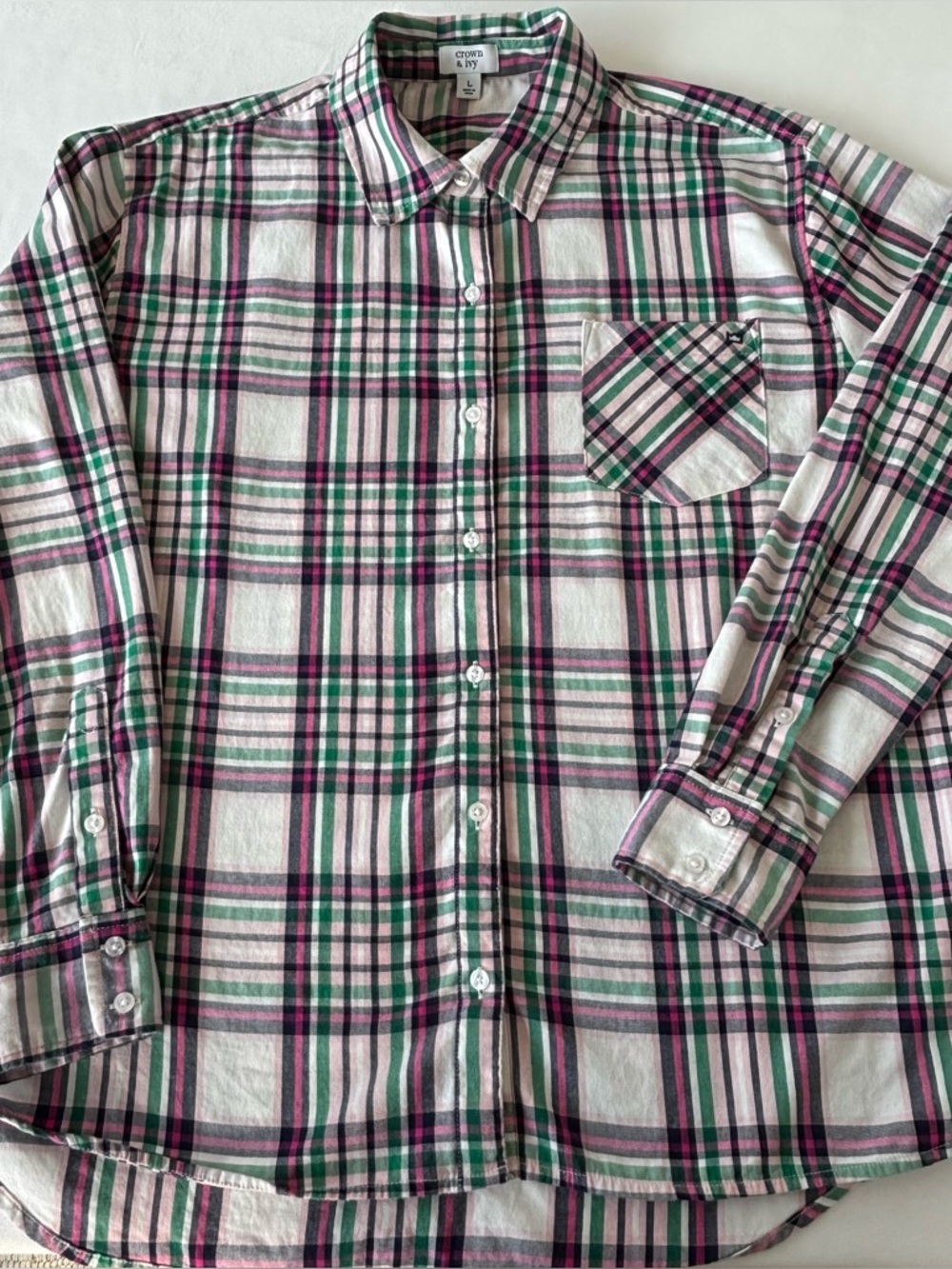 Crown & Ivy, size large, blue, green, pink plaid long sleeve shirt - Picture 6 of 6